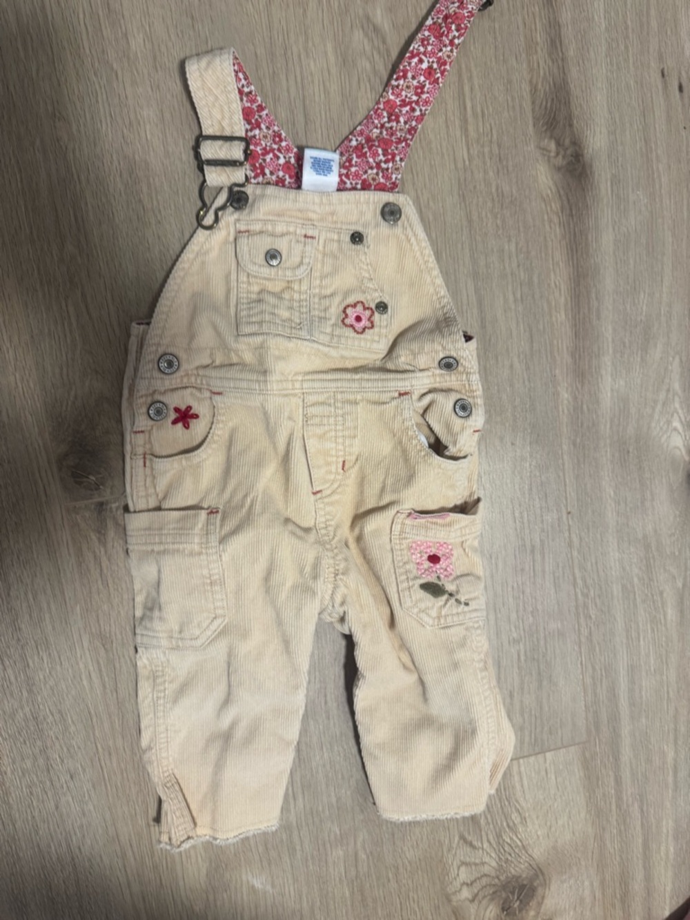 Old Navy Cream Corduroy Overalls with Pink Floral Straps
